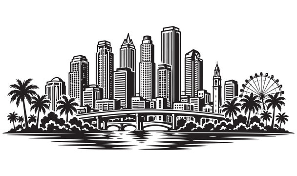 Florida Silhouette, tropical coast and urban landscape, vector, isolated on white