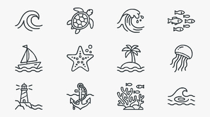 Professional Black and White Line Drawing Set of 12 Ocean Marine Life and Coastal Scene Icons with high quality professional line art symbols for modern creative design and digital branding projects © Dung