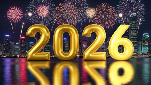 Golden 2026 numbers celebrating the new year with fireworks over city skyline