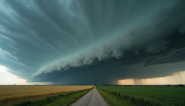 Advancing shelf cloud casting a moving shadow across open agricultural land