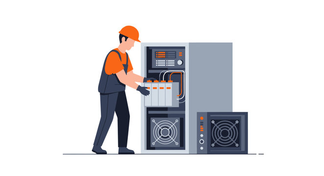 Professional Technician Maintaining Industrial Energy Storage System and Server Rack. Flat Vector Illustration of Electrician Working on Power Infrastructure.