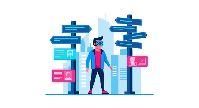 Man in VR Headset Navigating a Digital City with Holographic Signposts and UI Windows - Metaverse and Augmented Reality Navigation Concept