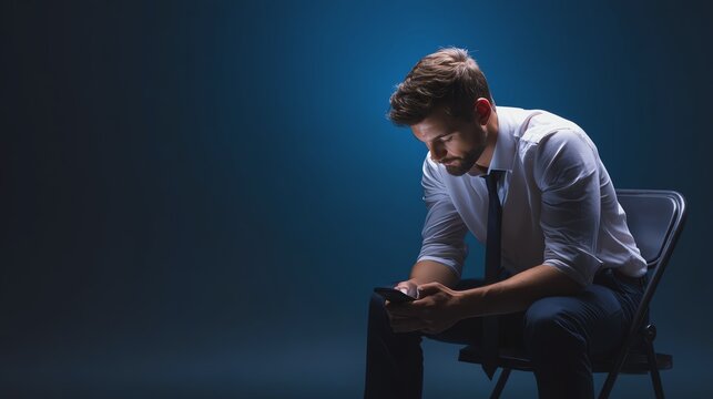 Man checking phone in blue light ambiance.