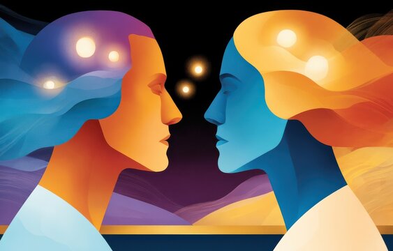 Two abstract faces in profile facing each other, vibrant duality and connection in colorful illustration