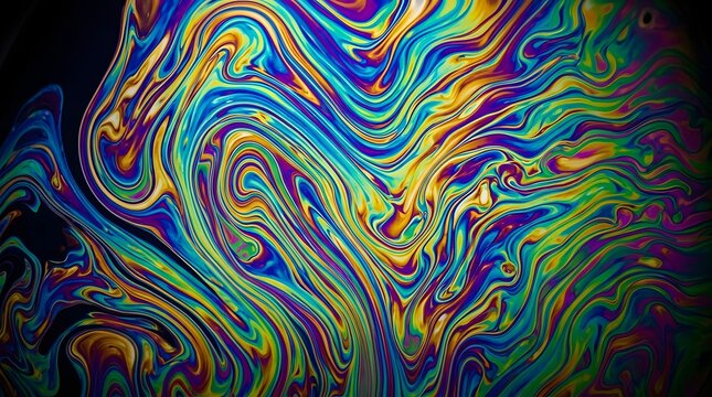 Iridescent vibrant soap film macro shot displays swirling patterns, creating a psychedelic liquid background asset.