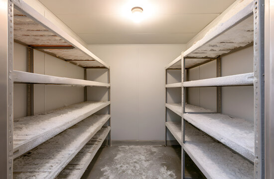 The interior of the empty walk-in freezer is frost-covered with ice on the shelves and the floor. It has overhead lighting, suitable for food preservation ideas.