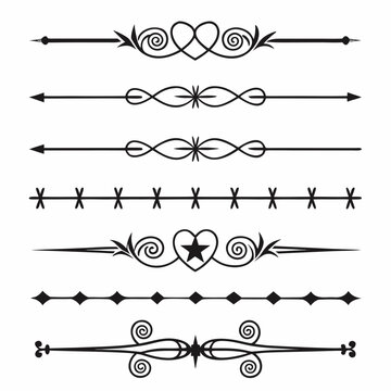 Set of ornamental page dividers and text separators, elegant calligraphic borders with heart and arrow motifs, vintage decorative elements.