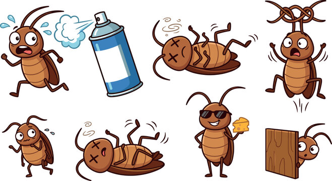Funny cartoon cockroach vector character set showing bug running from exterminator spray, dying upside down, and hiding for pest control infographic designs
