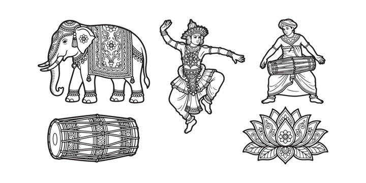 Sri Lankan Esala Perahera elements vector line art collection, Kandyan dancer, ceremonial elephant, traditional drummer, fire performer, Buddhist flag, minimalist black and white icon set