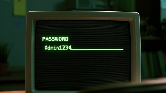 Vintage terminal requesting green password input with cursor on screen display of retro computer hardware