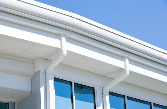 Glossy white rain gutters on a contemporary office structure. Sharp architectural features contrasting with a sky of bright blue. The smooth exterior, adorned with numerous windows, mirrors the azure 