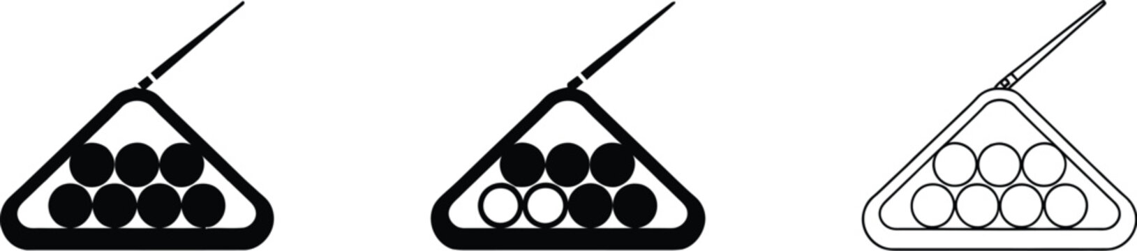 Billiards Pool Table Icon Set Featuring Cue Sport, Snooker Equipment, and Pool Game Symbols for Sports Design