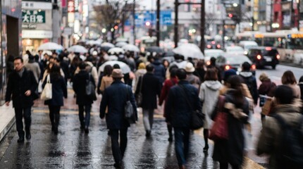 Obraz premium Professional Image of Busy Urban Pedestrians Crossing Wet Street with Umbrellas in Colorful Cityscape