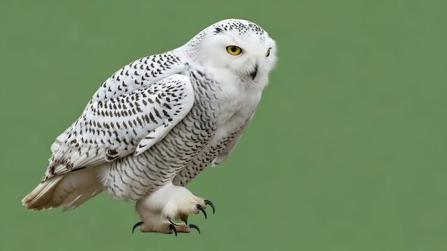 A stunning snowy owl captured in profile against a soft muted green background