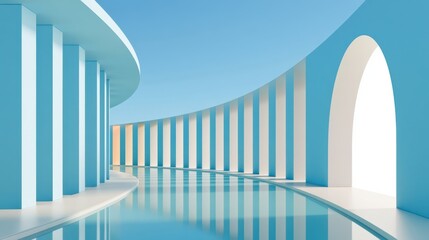 Obraz premium Minimalist curved architectural corridor with blue columns, archway and reflective water surface