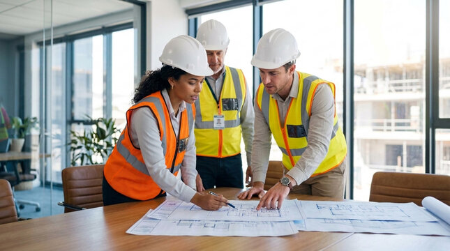 Diverse construction team collaborating on blueprints in modern office meeting room