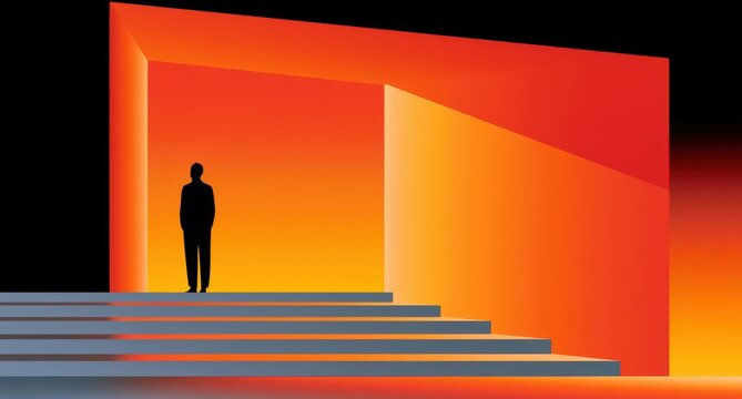 Minimalist architectural composition with silhouetted person on steps against warm orange backdrop