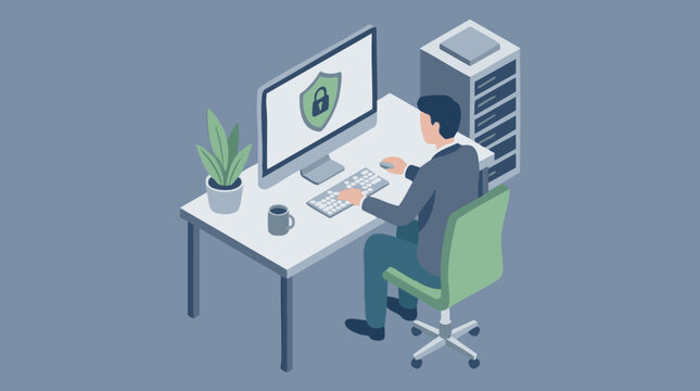 Isometric illustration of man working on computer with cybersecurity concept