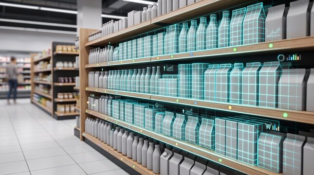 Rows of assorted glass bottles and product packaging on supermarket shelves with supermarket groceries packaging products shopping merchandise inventory beverages consumer business commerce