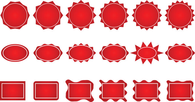 Set of red blank badges, labels, stickers, and frames with various shapes and edges for sale, promotion, and discount tags