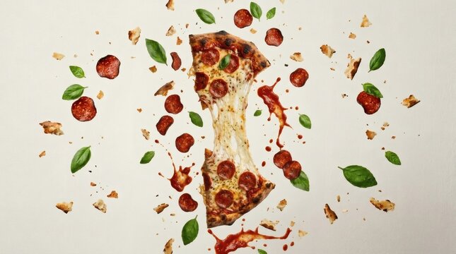Floating Pepperoni Pizza Slice with Melting Cheese and Basil