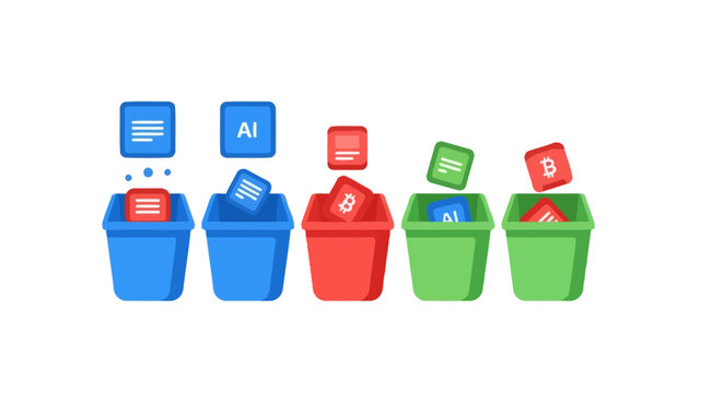 Conceptual Illustration of Data Sorting, AI Training Filtering, and Cryptocurrency Management with Colorful Recycling Bins for Information and Digital Assets
