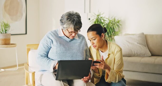 Credit card, old woman or daughter in house with laptop, checkout help or eft transaction in senior care. Support, elderly person or family with tech, online payment or cashless order in retirement.