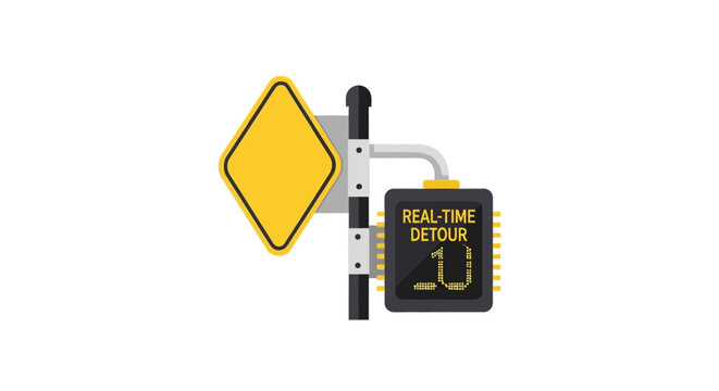 Smart Digital Traffic Sign Icon with Real-Time Detour Alert and U-Turn Symbol on White Background, Road Navigation Concept