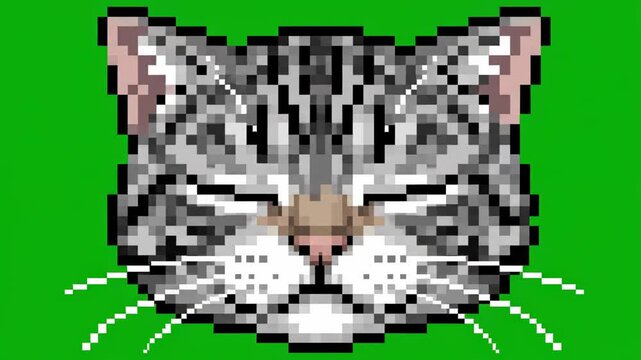Retro Pixel Art Cat Head with Green Eyes on Chroma Key Green Background, ideal for gaming content and video editing.