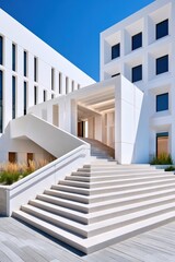 Obraz premium Modern white architectural building with grand stairs and geometric facade under clear blue sky