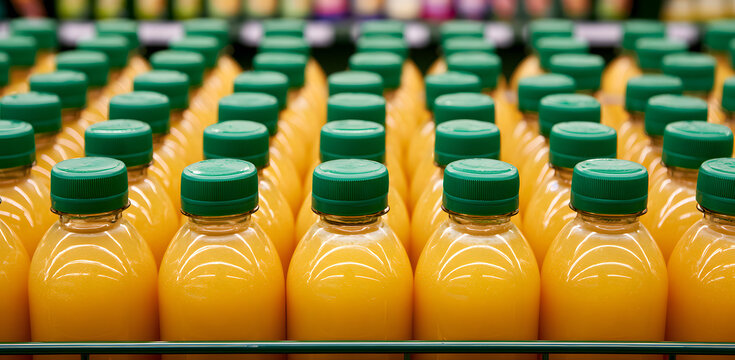 A shelf lined with orange juice bottles featuring green caps at a grocery store. Fresh beverages awaiting purchase in a supermarket. Healthful drinks arranged for customers.