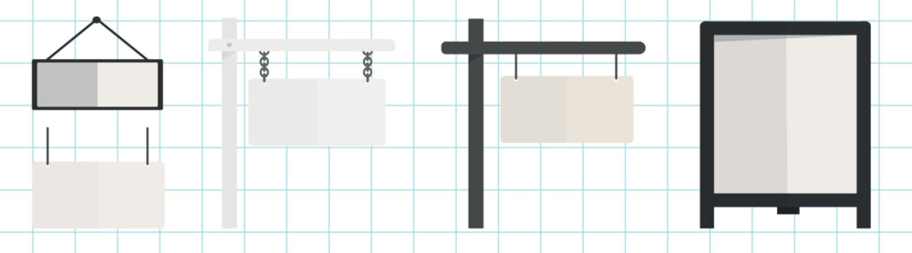 Vector set of blank signage templates on a grid background, ready for design.
