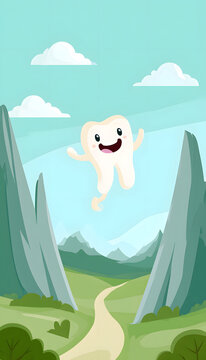 A smiling tooth character levitates joyfully above a mountain path.