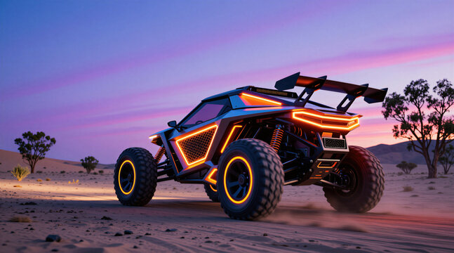 Futuristic buggy with neon lights drives on desert sand at dusk. Off-road vehicle with large tires and spoiler moves fast across dunes under colorful sky.