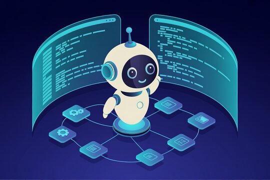 AI agent robot workflow automation orchestrator artificial intelligence data coding icon flow process assistant technology futuristic 3d rendering.