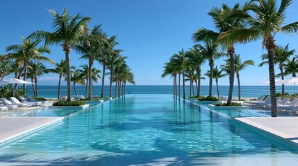 Fototapeta premium Luxury Tropical Resort Infinity Pool Overlooking the Turquoise Ocean on a Sunny Day