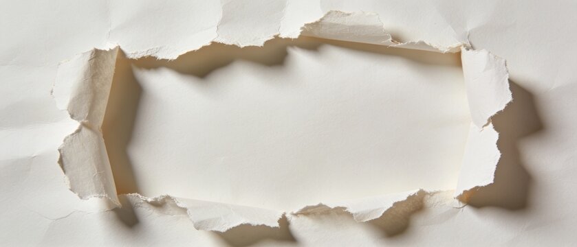 A torn piece of paper reveals a white background with ripped edges.
