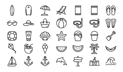 Premium summer beach vacation and tropical resort line icons set © MDSUJON