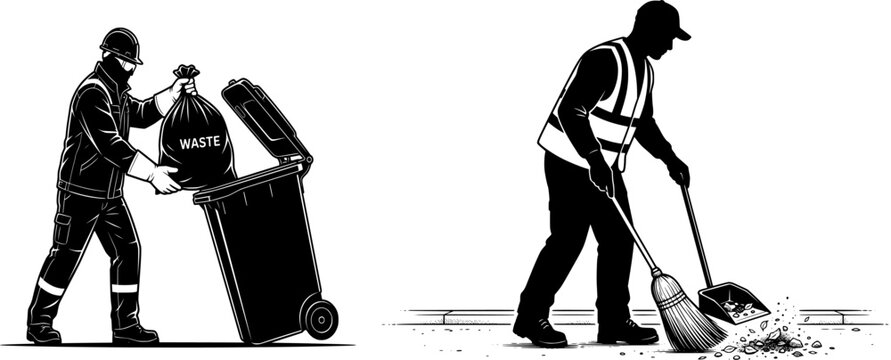 Vector silhouette illustration of a municipal street cleaner wearing a reflective safety vest and cap, sweeping dirt and debris into a dustpan using a classic bristle broom, isolated on a white 