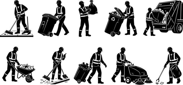 Vector silhouette illustration icon set of sanitation workers and janitors performing municipal waste management duties, featuring public cleaners sweeping streets, collecting trash bins