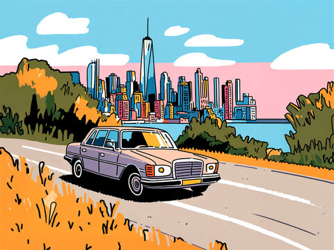 Retro illustration style of a vintage gray luxury car driving on a coastal road towards the New York City skyline and One World Trade Center at sunrise. Trendy comic book style vector art