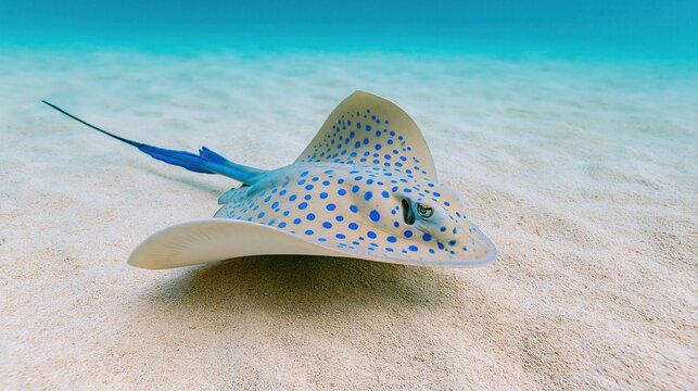Blue spotted stingray swimming on sandy ocean floor underwater