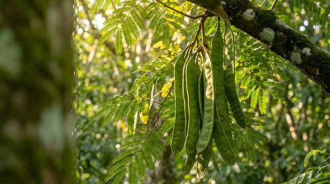 Long green seed pods of leguminous plant hanging on tree with botanical, vegetation