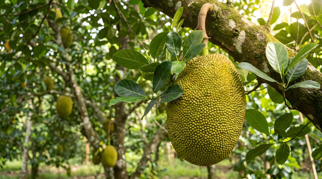 Ripe jackfruit hanging on a tree in a tropical orchard farm with jackfruit, tropical