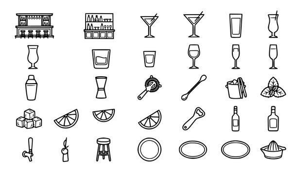 Premium bar cocktail drinks and bartender equipment tool line icons bundle