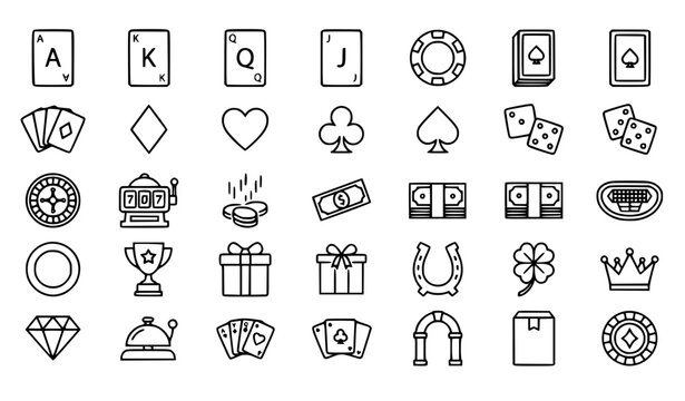 Premium casino gambling poker and lucky jackpot game line icons set