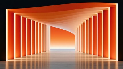 Obraz premium Abstract orange architectural corridor with rhythmic columns and sweeping ceiling creating a sense of depth