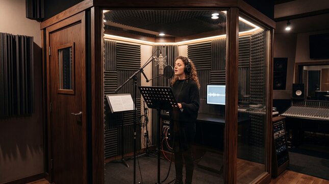 Young woman sings into studio microphone inside acoustic booth, wearing headphones while reading sheet music and recording vocals beside audio monitor and mixing desk in warm professional studio