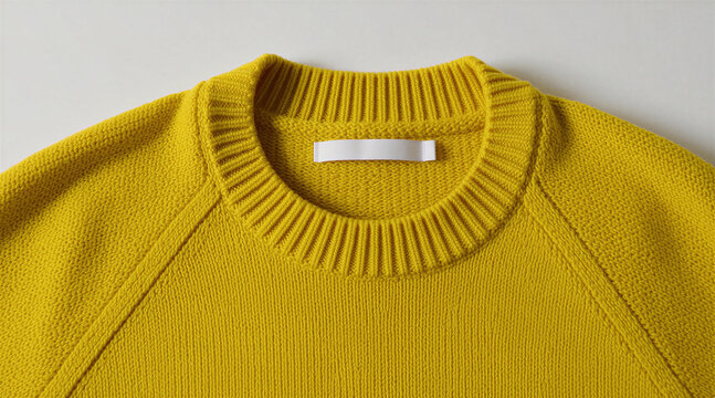 Bright yellow knitted sweater on white background. Close view of crew neck wool pullover with empty textile label for logo design. Pro fashion mockup for apparel branding project. Blank tag on plain
