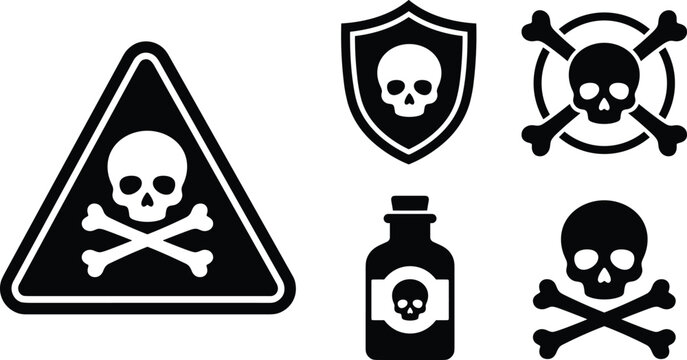 Toxic Substance and Poison Hazard Warning Icon Set Featuring Skull with Crossbones Triangle Sign Shield Guard and Poisonous Chemical Bottle Symbols
